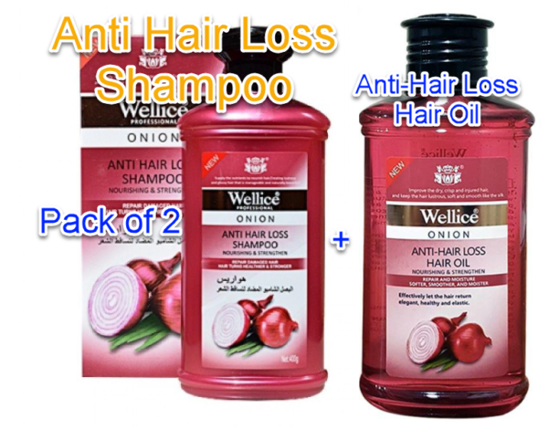 2 in 1 Wellice Onion Shampoo and Hair Oil for Hair Growth, Professional Onion Anti Hair Loss - Repair Damaged Hair Organic Shampoo - 400g & Oil 150g